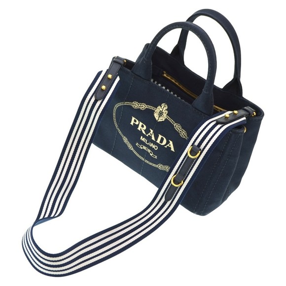 Prada Tote Bag Navy Canapa Stripe Shoulder Mini - Picture 1 of 9